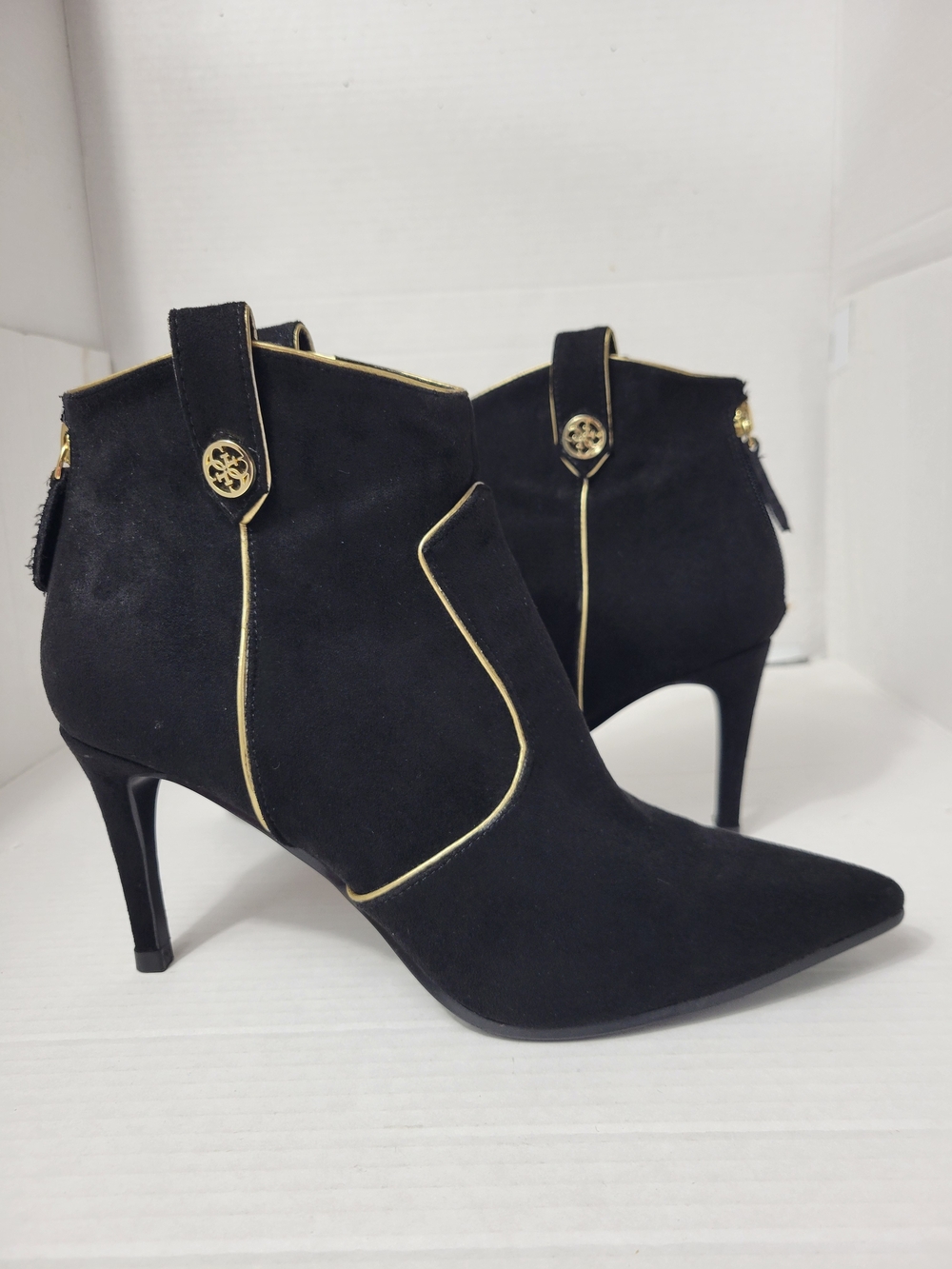 Guess Black Suede Ankle Booties with Gold Piping